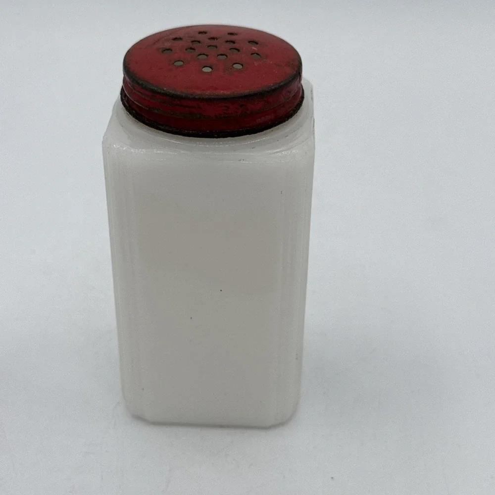 Vintage McKee Tipp City Milk Glass Salt Shaker Flower Pot Red Metal Lid 4